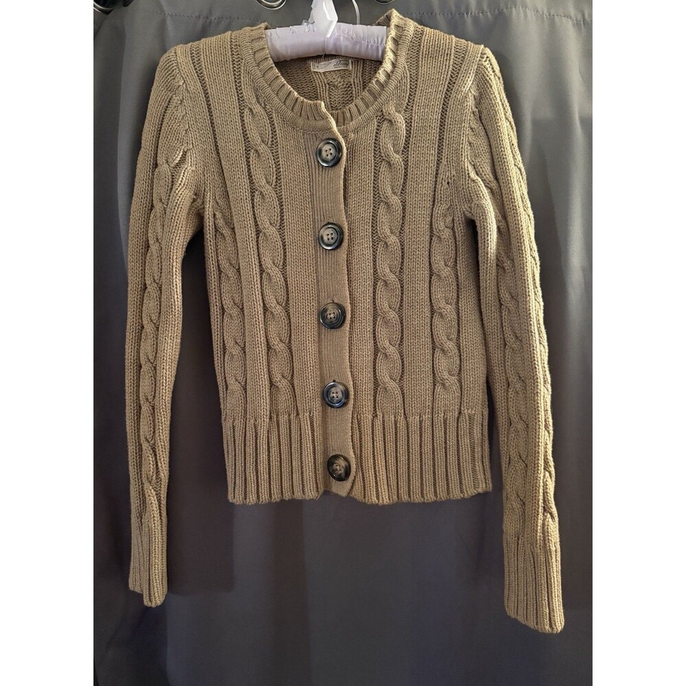 Vtg Old Navy Y2K Tan Button Up Cable Knit Cardigan Sweater M Preppy Academia